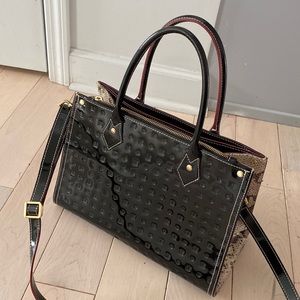 Arcadia Italian patent leather black Python sides multi pockets satchel bag